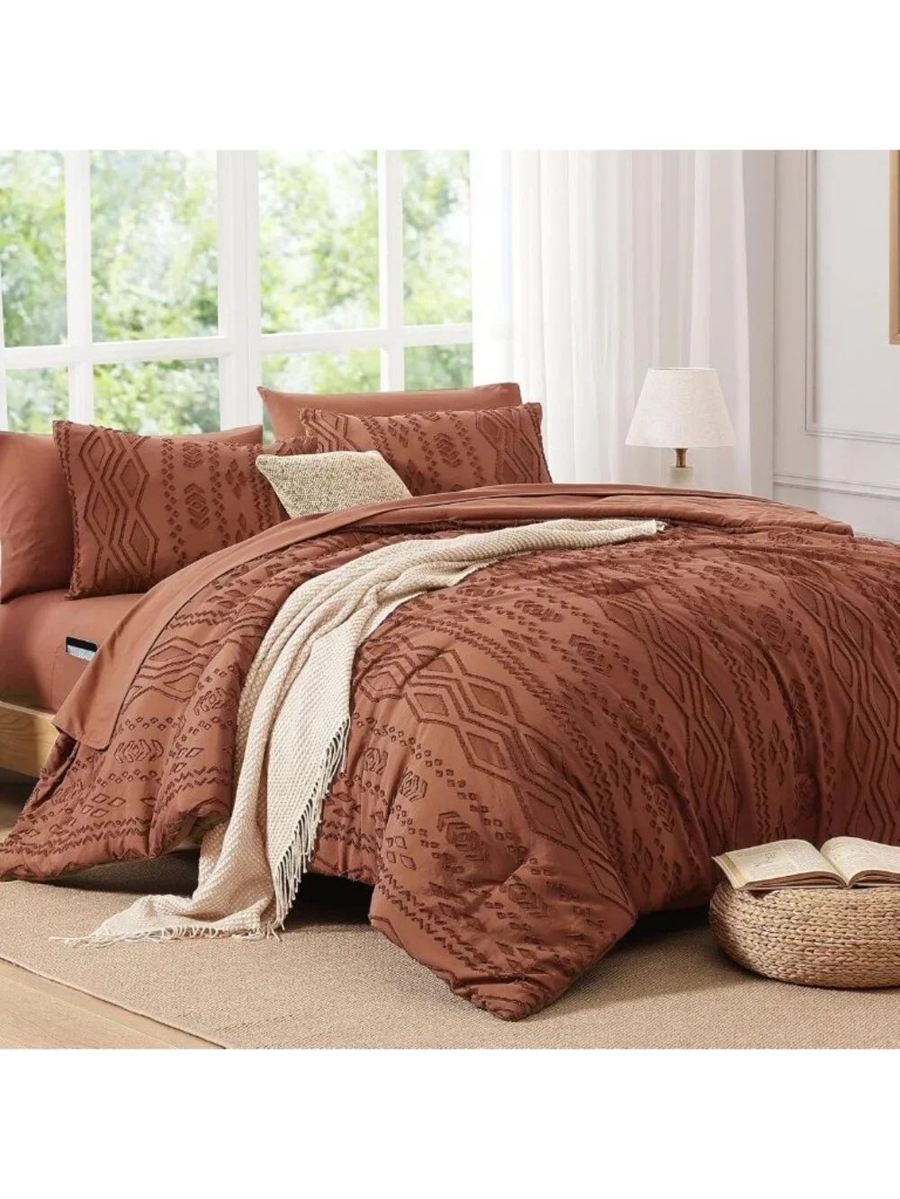 Cozy Autumn Leaf Tufted Boho Comforter Set - 7 Piece Full Size Bedding Ensemble